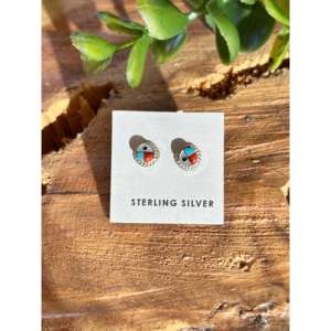 Zuni Handmade Geometric Multi Stone & Sterling <b>Silver</b> <b>Stud</b> Earrings - Product Image 1