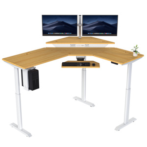 VersaDesk-Escritorio de pie eléctrico de esquina moderno PowerLift, altura ajustable, superficie de Arce, marco blanco convertible para oficina - Product Image 1