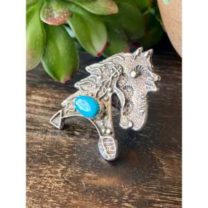 Delbert Arviso Kingman Turquoise Sterling <b>Silver</b> Tufa Cast Horse <b>Ring</b> Size 9.75 Bezel Setting Inlay Everyday Wear <b>Statement</b> <b>Ring</b> - Product Image 4