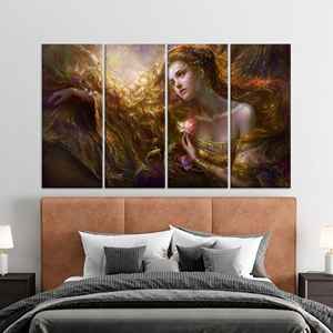 Décoration de chambre moderne pour fille : Art sur toile imprimé représentant une femme avec une rose, LOT DE 4 TOILES - Product Image 1