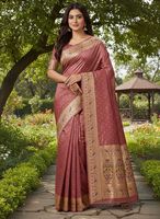 Sari en soie pure Dhwaja Export, douce et élégante, 5,50 mètres de long, avec blouse, motif gaufré Zari Meena Butti