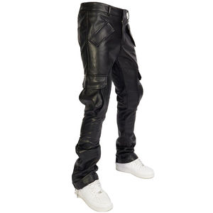 Pantalon de motard personnalisé pour homme, noir, coupe slim, décontracté, extensible, en cuir de vachette et toile, design vintage, nouvelle méthode de tricotage - Product Image 1