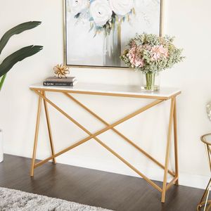 Premium <b>Gold</b> Color Metal & Glass Top Console <b>Table</b> Sleek Design for Entryway Living Room or Hallway Deco - Product Image 3