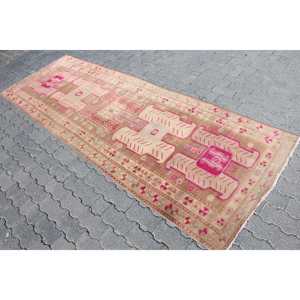 Vintage Rug 3.37x9.6 ft, <b>Brown</b> Pink Floral <b>Wool</b> Turkish Rug - Product Image 2