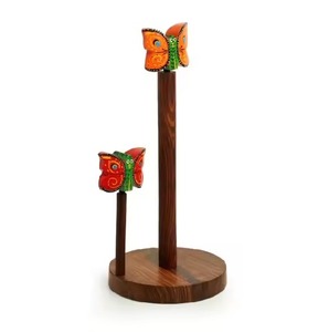 Porte-rouleau de papier peint à la main en bois de manguier et fer Porte-serviettes en papier en bois Distributeur de rouleau de comptoir - Product Image 2