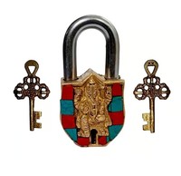 Cadenas en laiton Ganesha Design Style antique avec pierres précieuses colorées Serrure décorative à collectionner artisanale pour l'usage du temple à la maison