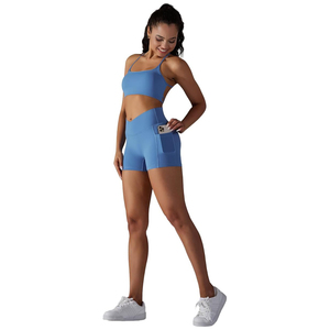 Pantalones cortos de gimnasio de la mejor calidad para mujer con bolsillo lateral, pantalones cortos de yoga al por mayor con patrón sólido, mallas deportivas para Fitness - Product Image 1