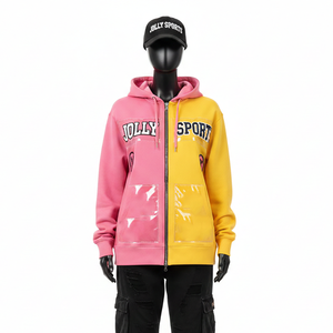 Sweat à capuche zippé premium pour femme, 320 GSM, coton et polyester polaire, panneaux bicolores rose et jaune, logo personnalisé, sweat à capuche zippé basique - Product Image 1