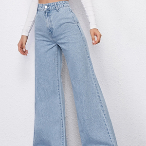 Jean en denim taille haute pour femme, coupe ample, jambe large, longueur intégrale, délavage moyen, couleur unie, style décontracté, 100 % coton, idéal pour l'automne - Product Image 5