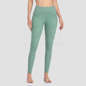 Leggings de Yoga de Cintura Alta y Largo Completo, Color Verde Sólido, Spandex y Nailon, Pantalones Elásticos con Bolsillos, Diseño con Costuras en Contraste - Product Image 5