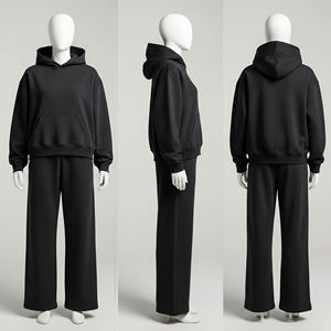 Ensemble de survêtement unisexe surdimensionné streetwear le plus vendu, en molleton épais uni, sweat-shirt noir avec pantalon de survêtement - Product Image 2