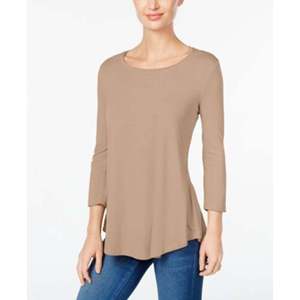 Top Floreale da Donna JM con Scollo Rotondo, Beige Scuro, Taglia Extra Small, Stile Casual, in Lino Lavorato a Maglia, Tessuto Satinato, Decorazione in Pizzo, Vestibilità Comoda - Product Image 1