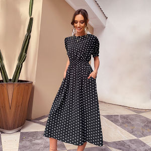 Robe de bureau pour femmes, robe de travail formelle à pois d'été, poche, manches courtes, confortable, grande taille, silhouette crayon, ceinture - Product Image 2
