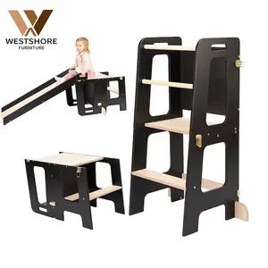 Custom Wooden 2 in 1 Learning Tower With Slide And A Black Board Standing Tower Children's Kitchen Step Stool For Toddler