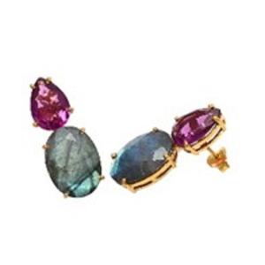 Boucles d'oreilles en argent Sterling 925 ovale et en forme de poire, Labradorite et Tourmaline rose Hydro - Product Image 1