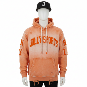 Premium 350GSM cotton fleece pullover <b>hoodie</b> distressed wash <b>orange</b> color with chenille patch custom logo Basics <b>Hoodie</b> - Product Image 1