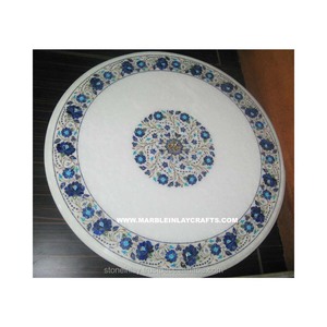 New Design Blue Lapis Lazuli Decorative Customize Inlaid Work <b>Round</b> Shape <b>White</b> Marble Gorgeous <b>Table</b> Top - Product Image 1