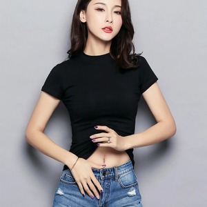 2025 nuevas camisetas para mujer, camiseta de manga corta de Color puro con cuello medio alto para mujer, camiseta para mujer, ropa - Product Image 5