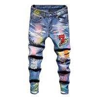 Jeans skinny droits déchirés et vieillis avec des éclaboussures de peinture personnalisées, pantalon vintage, jeans brodés et rapiécés pour hommes