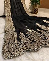 Tenue tendance Saree de couleur noire en organza doux de haute qualité avec panneau de séquence de codage lourd fonctionne à vendre