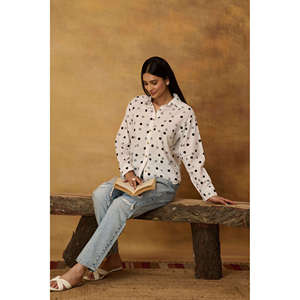Chemise blanche classique en popeline de mulmul imprimée à pois, coupe ajustée, style décontracté occidental, boutons longs, pour femme, printemps, travail, taille XL - Product Image 1