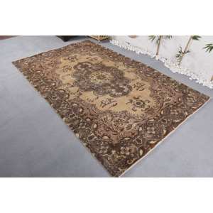 Tapis en laine beige marron classique fait à la main 5.3x8.8 pieds Design patchwork pour salon chambre à coucher pour adolescents hôtels avec support en latex - Product Image 2