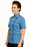 Veste de chef à manches courtes pour femme, coupe ajustée, uniforme culinaire, tissu poly/coton, couleurs personnalisées, OEM, uniformes pour restaurants et bars