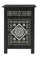 Mesa Auxiliar de Madera Tallada Estilo Bohemio, Mesita de Noche Rústica de Madera Maciza con Patrones Étnicos, Diseño Moderno, 2 Cajones para Apartamento o Dormitorio