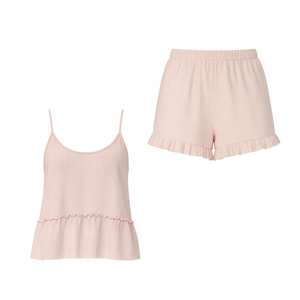 Ribbed Knit Ruffle Hem Camisole & Shorts Set Women Soft Casual <b>Pajama</b> Sleepwear Woven Fabric Front Logo Breathable - Product Image 1