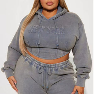 ชุดวอร์มผู้หญิงผ้าฝ้ายลำลองฤดูใบไม้ร่วงเสื้อครอปซีดจางเสื้อกีฬาสีเทาลายตัวอักษรขนาดพิเศษโลโก้ออกแบบได้ตามต้องการ - Product Image 1