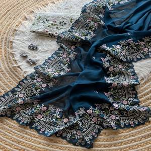 Sari VASTRA COTTAGE Heavy Rangoli con bordado de lentejuelas múltiples, borde calado y blusa de seda con diamantes para fiestas. - Product Image 2