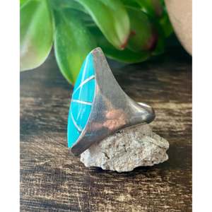 Vintage Southwest <b>Turquoise</b> Sterling Silver Inlay <b>Ring</b> Size 10.75 - Product Image 4