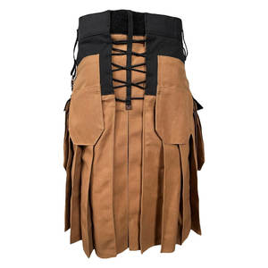 Kilt utilitaire en denim durable bicolore noir et caramel pour hommes, poches cargo, boucle et fermeture à bouton - Product Image 3