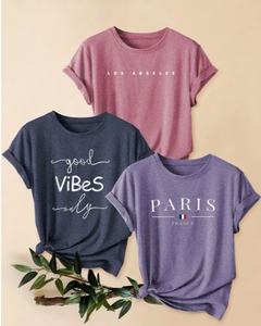 Vintage 3 piezas paquete mixto letra impresa cómoda camiseta transpirable Casual cuello redondo manga corta deportes Tops para mujer - Product Image 1