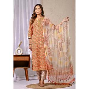 Orange Butta <b>Block</b> <b>Printed</b> Silk Kurta Pant Set Anarkali Indian Style with Salwar for Party Wear Special Occasions Net Fabric - Product Image 4