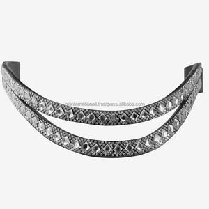 Bracelet Double wave fait à la main en cuir véritable, 2 lignes de cristaux transparents, chaîne en métal, bonne qualité, meetu - Product Image 5