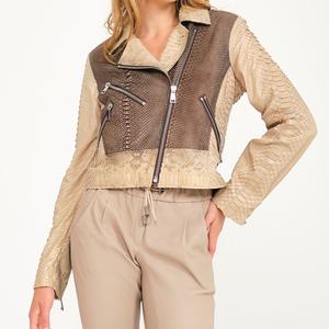 แจ็คเก็ตหนังงูสำหรับผู้หญิง,พิมพ์ลายหนังงูหลามสีน้ำตาลสำหรับนักขี่มอเตอร์ไซค์ - Product Image 4