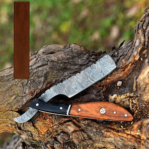 Maquinilla de afeitar recta de acero de Damasco hecha a mano estética con mango de madera Pakka negro y marrón hoja personalizada peluquero clásico exótico - Product Image 3