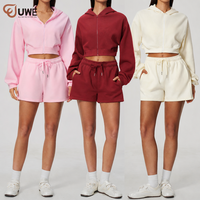 Ensemble de survêtement 2 pièces Uwell pour femme : sweat à capuche zippé et short doublé polaire, coupe ample, tenue de sport décontractée, ensemble de yoga