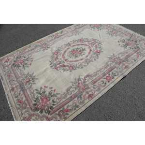 Tapis en laine turque écologique patchwork 5,9x8,9 pi (180x270 cm) beige avec support en latex, tapis vintage - Product Image 4