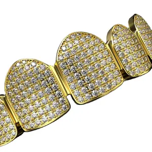 Önceden yapılmış buzlu Out altın Grillz altı diş elmas diş grillz 6 üst ve 6 alt sarı ton kaplama Moissanite elmas diş Grillz