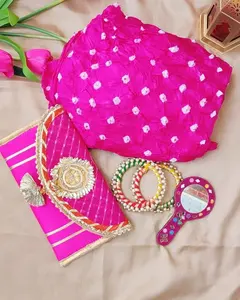 Bandhani设计免费尺寸真丝杜帕塔，带必须工作信封手镯和镜子，用于结婚礼物退货礼物