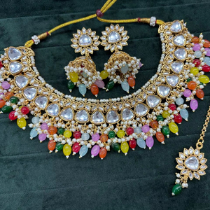 Perle de mer d'eau douce Moissanite Kundan collier ras du cou collier de mariage indien ensemble bijoux collier de perles de perles - Product Image 1