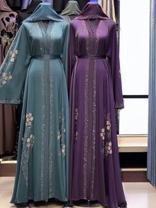 Wholesale Modest Dubai Beaded Sequined <b>Long</b> Sleeve Abaya Muslim Traditional Handmade Wedding Women Breathable V Neck - Product Image 2