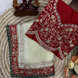 Sari de Seda Espacial de Diseño para Mujer, Elegante Bordado con Cuentas y Lentejuelas, Estilo Bollywood, Hecho a Mano, con Borde de Encaje para Fiestas Festivas - Product Image 1