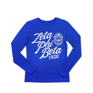 Zeta Phi Beta 1920 Script Logo T-shirt à manches longues bleu royal coton broderie vie grecque vêtements collège sororité porter - Product Image 1