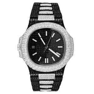 High Quality Luxury <b>Men's</b> Stainless Steel ETA Leather Strap Wrist <b>Watch</b> <b>Black</b> VVS Diamond Full Iced Moissanite Hip Hop Style - Product Image 3