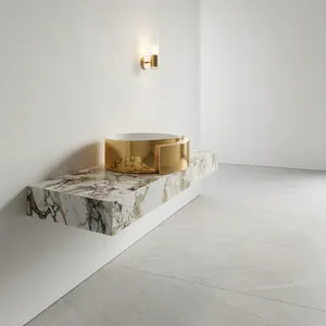 Estante de porcelana con efecto de mármol blanco brillante montado en la pared de alta calidad, vetas doradas y grises, encimera de fregadero hecho en Italia - Product Image 1