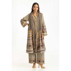 Conjunto de Traje de Mujer de 3 Piezas en Seda Estampada Morada con Bordado Intrincado, Elegante Seda Estampada con Bordado Elaborado - Product Image 2
