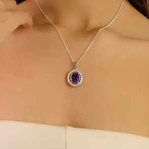 Colgante Minimalista de Plata de Ley S925 con Amatista Natural de Forma Ovalada y Engaste de Borde, Piedra de Nacimiento de Febrero, de Gran Venta y Elegante - Product Image 2